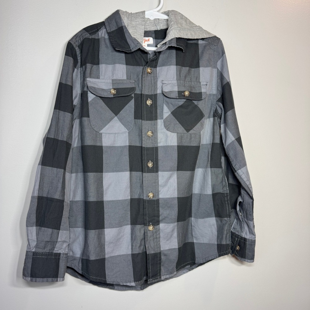 Cat & Jack Boys Plaid Shirt Hoodie Gray Buffalo Plaid Long Sleeve 6/7 New Rustic